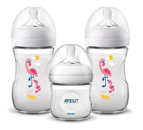 Mamadeiras Avent Petala 125ml Transparente +2 260ml Flamingo