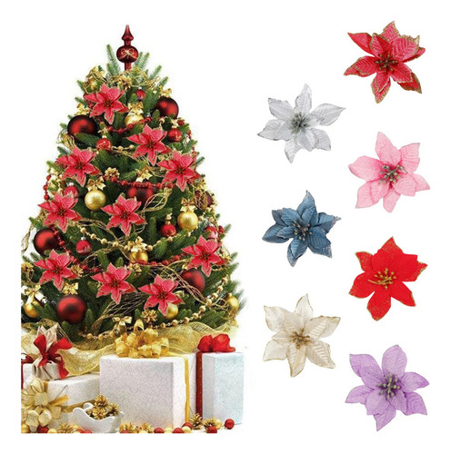 24 Uds. Flores Artificiales De Navidad Con Purpurina