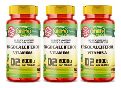 Kit C/3  Vitamina D2 Ergocalciferol 2000 Ui 180 Cáps Unilife