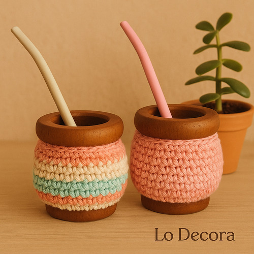 Mates De Madera Decorados Tejidos Crochet Con Bombilla Rosa Chicle Matizado Rosa