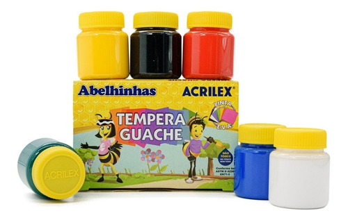 Tinta Tempera Guache Escolar Infantil Acrilex Kit 6 Cores