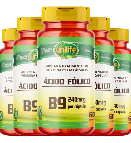 Kit 5 Vitamina B9 Ácido Fólico 60 Cápsulas Unilife