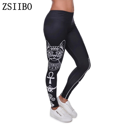 Leggings Negros Gato Egipcio Estampado Sexy Gym 2018