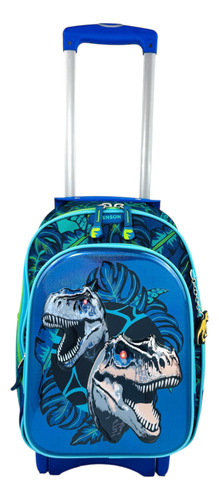 Mochila Rueditas Carrito Dinosaurios Jurassic T-rex Primaria Azul Dinosaurios