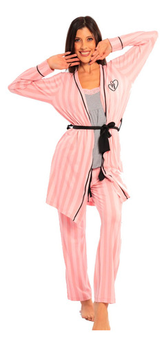 Bata Pantalon Y Playera Para Mujer Pijama De 3 Piezas Rosa 