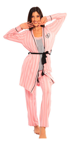 Bata Pantalon Y Playera Para Mujer Pijama De 3 Piezas Rosa 
