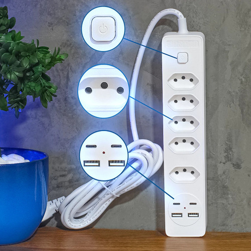 Extensão Elétrica 5 Tomadas 2 Usb 2 Tipo-c Bivolt