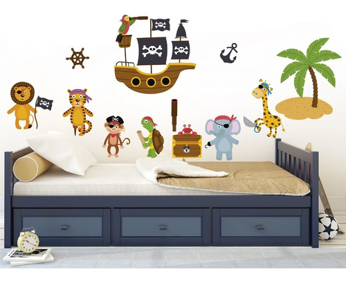 Vinilo Decorativo Infantil Piratas-i 10, Animalitos Pirata. Color Multicolor