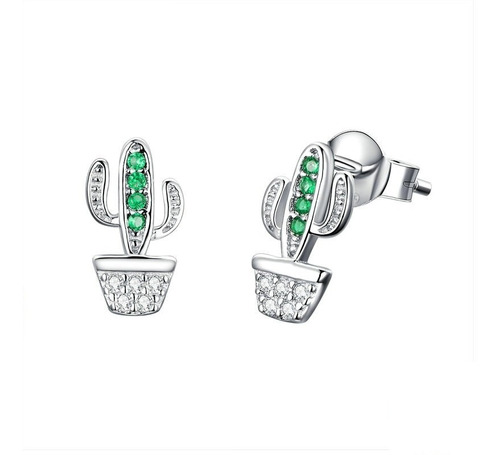 Aros Cactus Todo Plata Fina 925 Circón Verde Challet99 Joyas