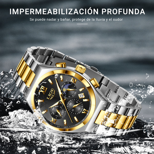 Reloj Pulsera Relojes Hombre Impermeable Acero Inoxidable Correa Plateado/Dorado Bisel Dorado Fondo Negro