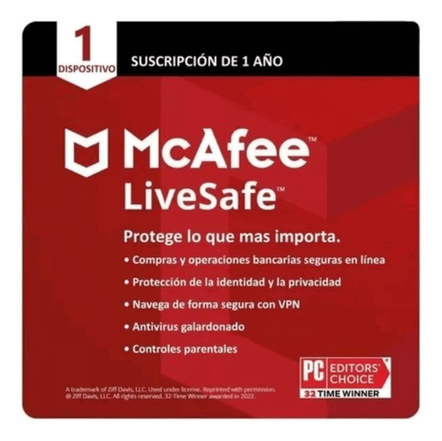 Antivirus Mcafee Livesafe 1 Dispositivo 1 Año Original*