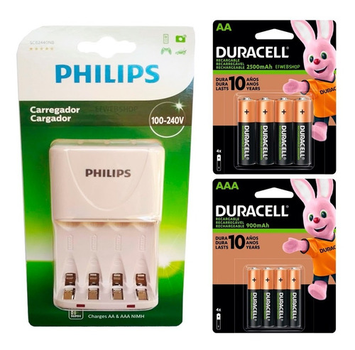 Imagem 1 de 6 de Carregador Philips Com 4 Pilhas Duracell Aa 2500 + 4 Aaa 900