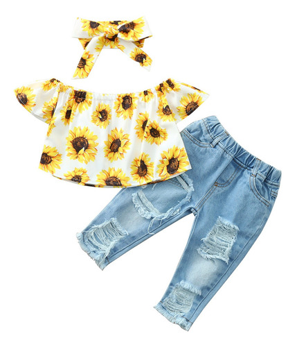 Conjunto De Ropa Infantil Con Girasoles Y Pantalones De Mezc