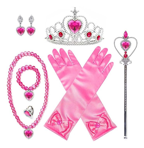 Accesorios Rosa Sorado Disfraz Niñas De Princesa Guantes Tiara Corona Aretes Pulsera Anillo Varita Cetro