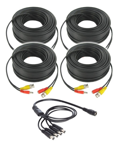 Pack 4 Cables 18 Metros Mts Bnc Video + Splitter 1 X 4 Ideal Para Kit Camaras Seguridad Vigilancia Hikvision Dahua M3k 