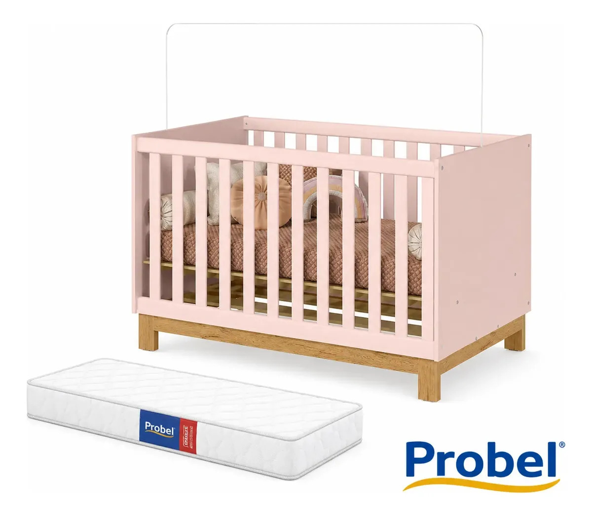 Berço 3 em 1 Americano Vira Cama Slim Com Colchão E Grade Removível Pés em Madeira Cor Rosa