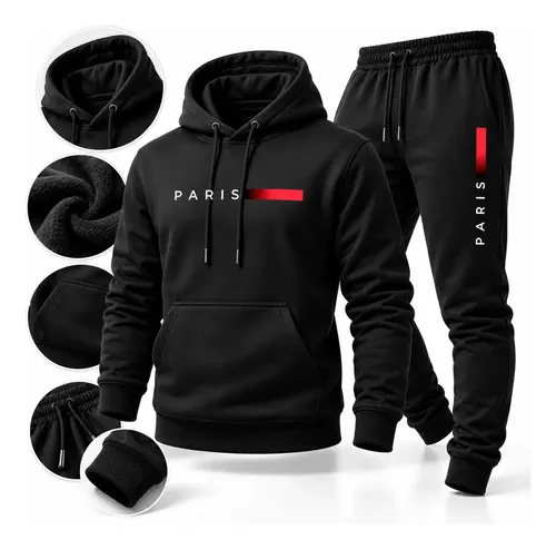 Conjunto Moletom Unissex Paris Canguru Com Capuz Calça G Preto