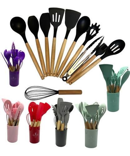 Set Utensilios Cocina Mango Madera Silicon