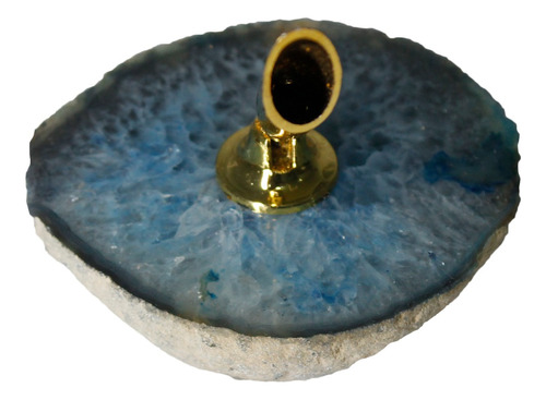 Porta Canetas Dourado Em Chapa De Pedra Ágata Azul 162g 8cm