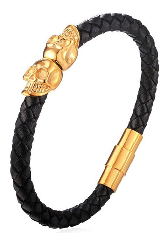 Pulsera De Cuero Calaveras Gold Hombre Rm 