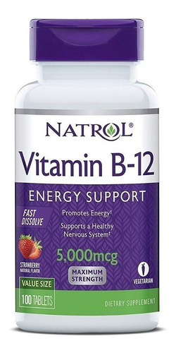 Vitamina B12  Natrol 5000mcg Sublingual/100 Unidades Sabor Frutilla