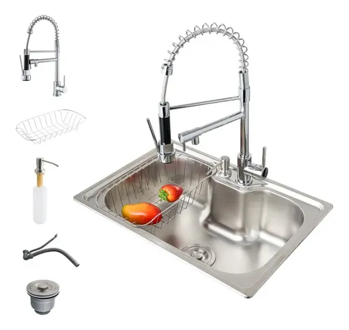 Cuba Pia Gourmet Luxo Guerra Aço Inox + Torneira Flexivel Monocomando Bancada Cozinha 42x60cm Kit  Completa 60 Cm 42cm Winda Prateado