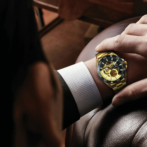 Relógio Masculino Mecânico Automático Luxo Dourado Original