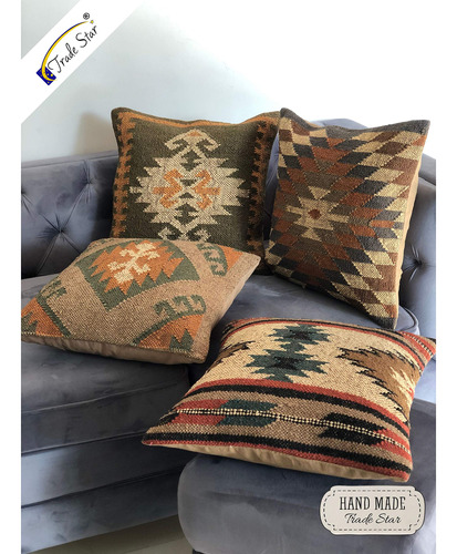 4 Funda Almohada Kilim Hecha Mano Yute Para Sala Estar