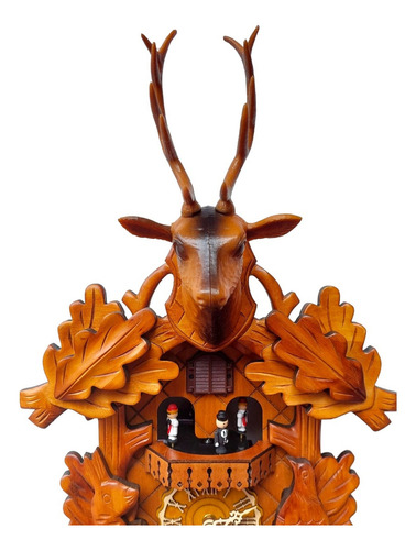 Reloj Cucu De Pared Cabeza De Venado Bosque Madera Música Estructura Marrón Claro Fondo Marrón Claro