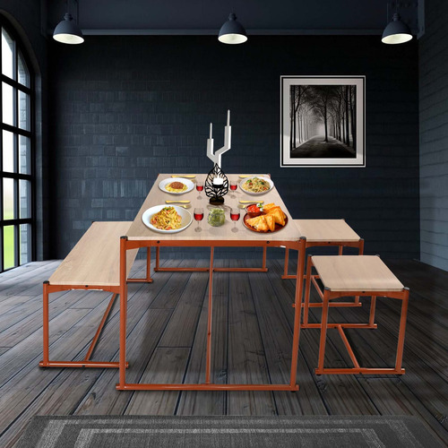 Juego De Comedor Moderno 4 Piezas Con Mesa 2 Sillas Y Banca Color Café Diseño de la tela de las sillas Madera