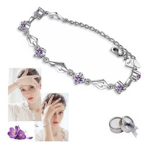 Pulsera De Plata Fina 925 Amatista Lila Púrpura+caja Redonda