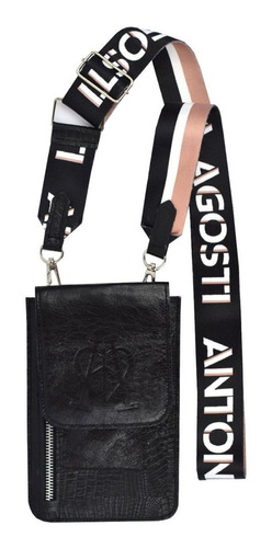 Cartera bandolera Antonia Agosti Mini Bag diseño croco de cuero  negra con correa de hombro multicolor
