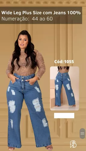 Calça Jeans Feminina Wide Leg Destroyed Rasgado Plus Size