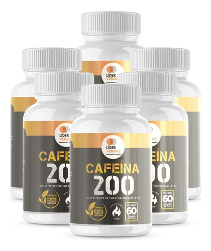 Cafeína 200mg 60 Cápsulas Kit Com 6 Potes Sabor Neutro