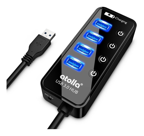 atolla 5 Puertos Hub USB, 4 Puertos USB 3.0 de 5Gbps + 1 Puerto de Carga Intelligente con Interruptor Independiente | sin Adaptador de CA