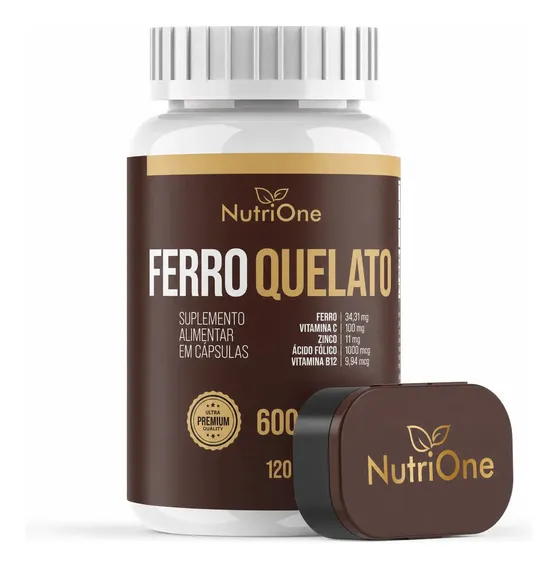 Ferro Quelato 34,31mg 120 Cápsulas 600mg com Vitamina C 100mg, Zinco 11mg, Ácido Fólico 1000mcg, Vitamina B12 9,94mcg Fórmula Completa Sem Glúten - Nutrione