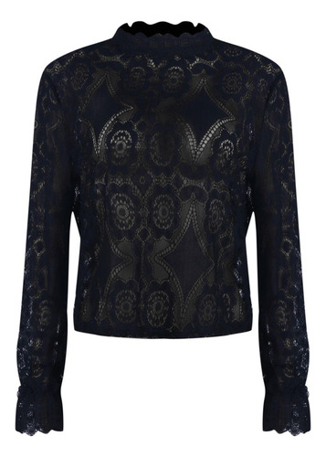 Blusa Transparente De Encaje Con Cuello Alto Y Manga Larga P