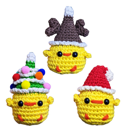 Kit De 3 Pollitos Navideños Tejidos Crochet Adorno Navideño