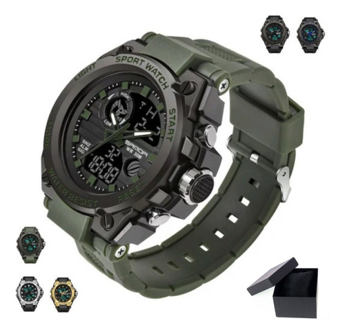 Relógio de pulso Sanda top tean 739 com corpo preto,  analógico-digital, para masculino, fundo  preto, com correia de poliuretano cor verde-exército, agulhas cor verde-exército e branco, subdials de cor verde-exército, subesferas cor preto e cinza, ponteiro de minutos/segundos branco, bisel cor preto, luz azul-celeste e fivela simples