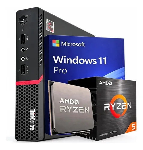 Mini Pc Lenovo Thinkcentre Ryzen 5 Pro, equipado com 8GB de RAM, SSD de 240GB e o sistema operacional Windows 11, tudo no formato compacto de um mini PC.