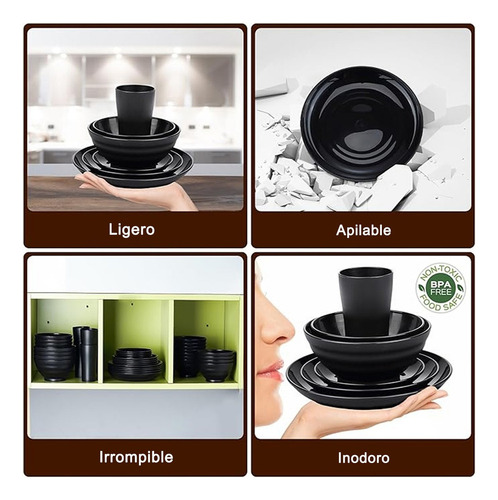 Vajilla Juego Para 4 Persons Negros Tazas Platos Cuencos 16p