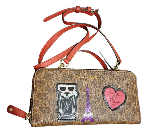Cartera Karl Mujer Café Con Cinto Rojo Crossbody 20 X 10cm