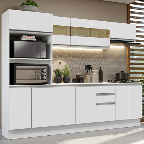 Armário de Cozinha Completa Modulada com Balcão para Cooktop 100% Mdf 250cm Smart Madesa Cor Branco GRSM25000109