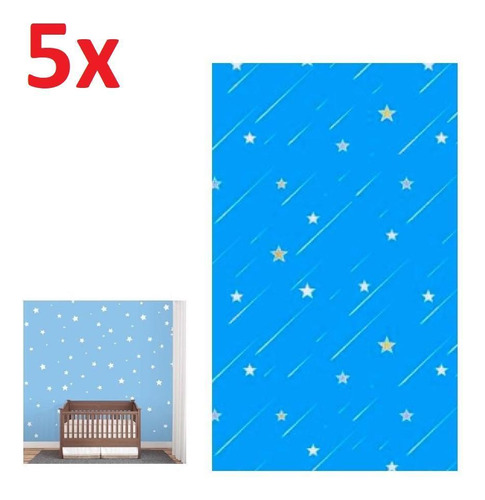 Papel De Parede Estrelas Azul - 5m - Kit 5 Peças