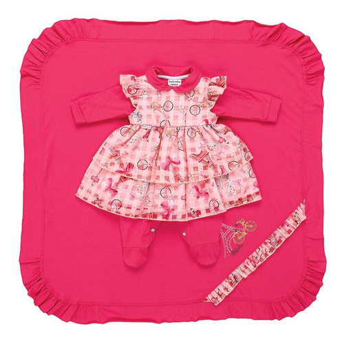 Saída De Maternidade Fofinho Malha Com Vestido Paris Rosa