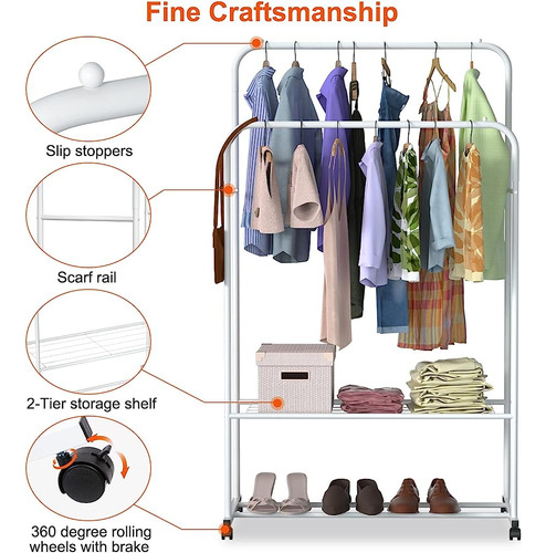 Moclever Clothing Rack Con Ruedas, Double Rod Garment Rack R
