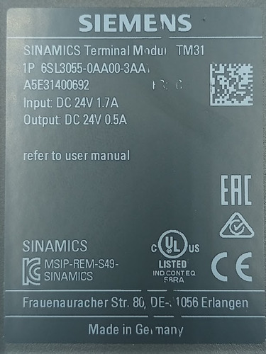 Módulo Terminal Siemens 6sl3055-0aa00-3aa1 24vdc 1.7a