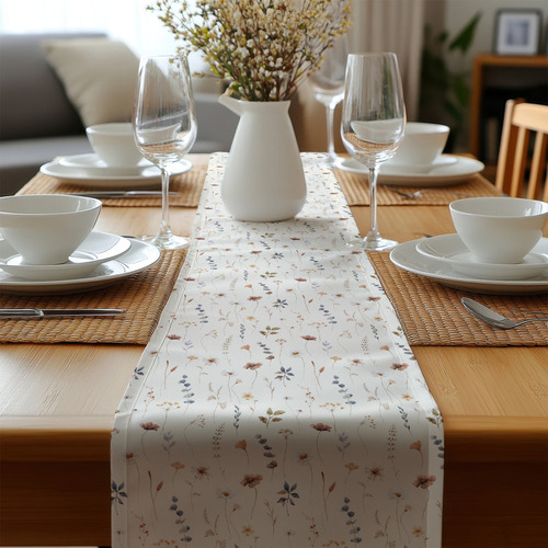 Camino De Mesa Flores Delicadas Lino Curri 35x180cm Color Tela Lino Curri