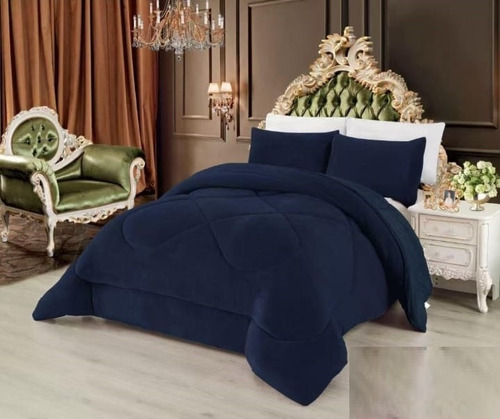 Plumon 2 Plaza Plush Con Chiporro Quita Frio Unicolor Wym Azul Oscuro Invierno