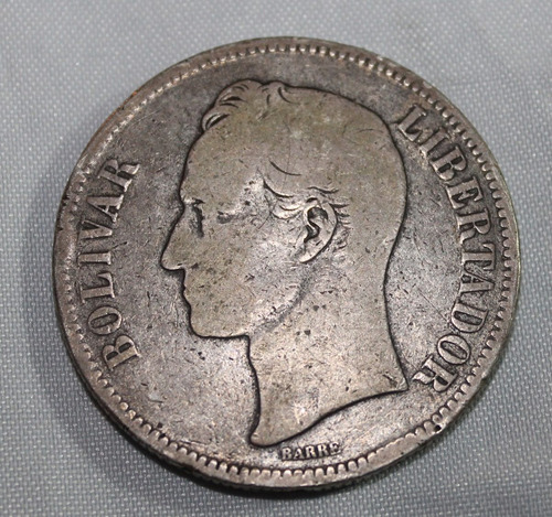 Moneda Antigua De Plata Fuerte 5 Bs. Año 1886.